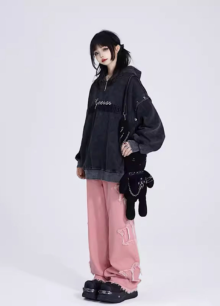 【Eleven shop97】Dull 2WAY patchment gimmick design hoodie  ES0007