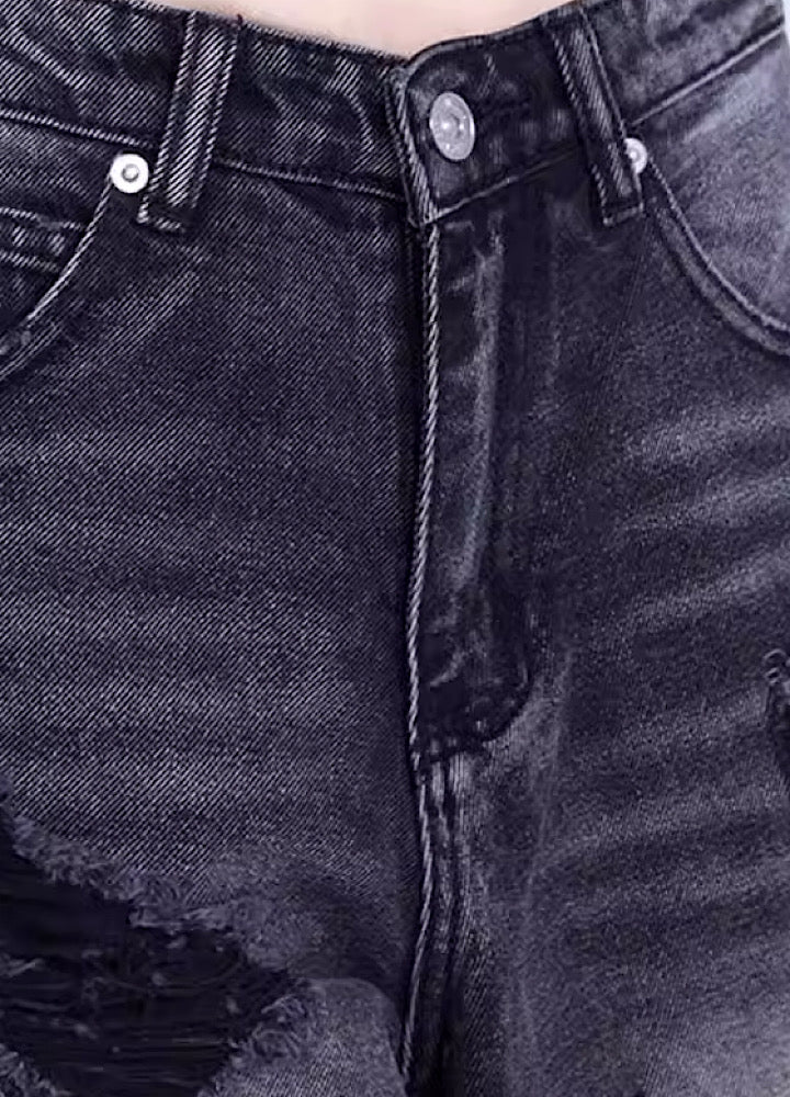 【Eleven shop97】Black mid-damaged acid braid denim pants  ES0008