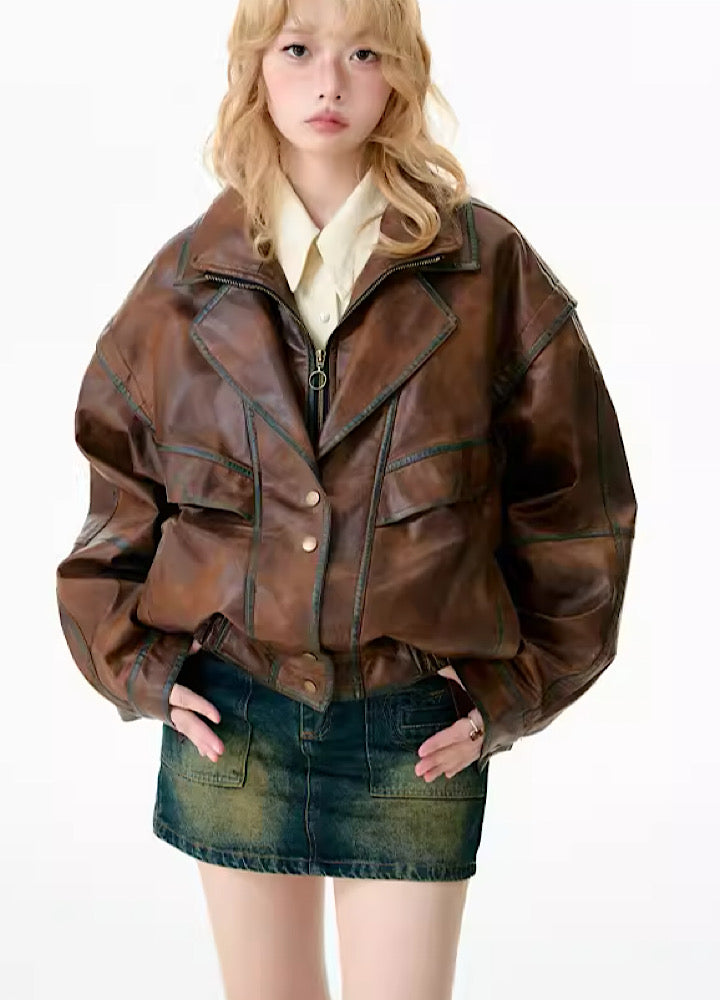【YEDM】Volume gimmick vintage chic leather jacket  YD0003