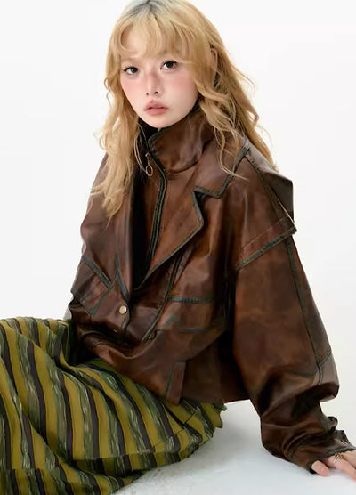 【YEDM】Volume gimmick vintage chic leather jacket  YD0003