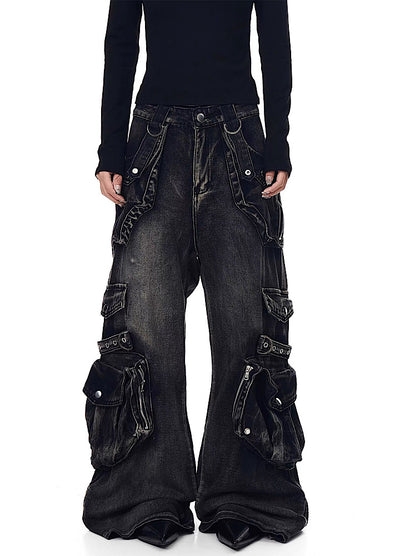 【Blacklists】Multi-pocket design dart wide silhouette denim cargo pants  BL0065