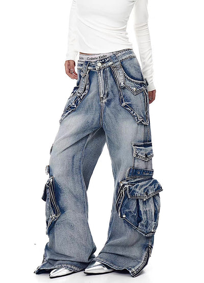 【Blacklists】Multi-pocket design dart wide silhouette denim cargo pants  BL0065