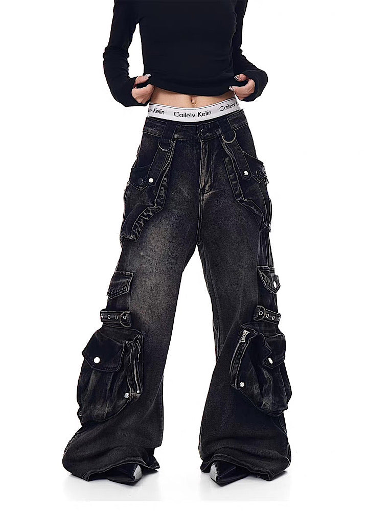 【Blacklists】Multi-pocket design dart wide silhouette denim cargo pants  BL0065