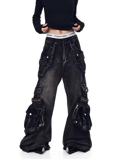 【Blacklists】Multi-pocket design dart wide silhouette denim cargo pants  BL0065