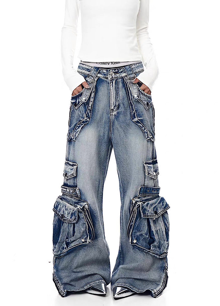 【Blacklists】Multi-pocket design dart wide silhouette denim cargo pants  BL0065