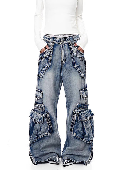 【Blacklists】Multi-pocket design dart wide silhouette denim cargo pants  BL0065