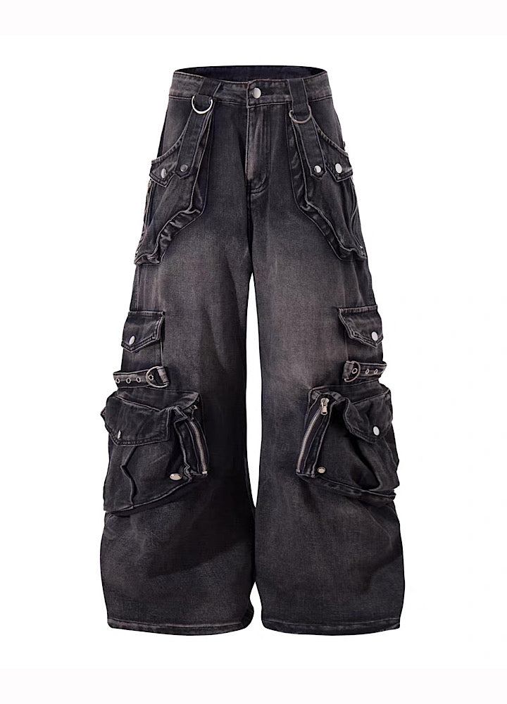 【Blacklists】Multi-pocket design dart wide silhouette denim cargo pants  BL0065