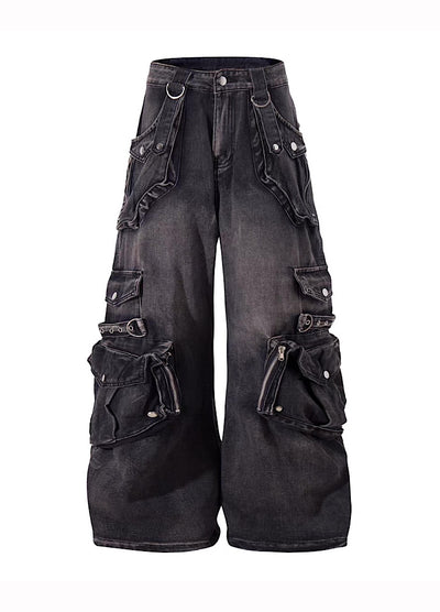 【Blacklists】Multi-pocket design dart wide silhouette denim cargo pants  BL0065