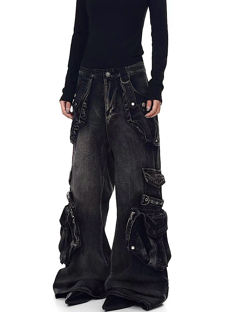 【Blacklists】Multi-pocket design dart wide silhouette denim cargo pants  BL0065