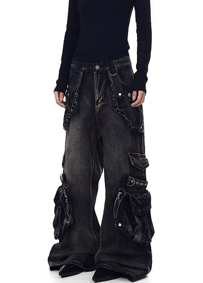 【Blacklists】Multi-pocket design dart wide silhouette denim cargo pants  BL0065