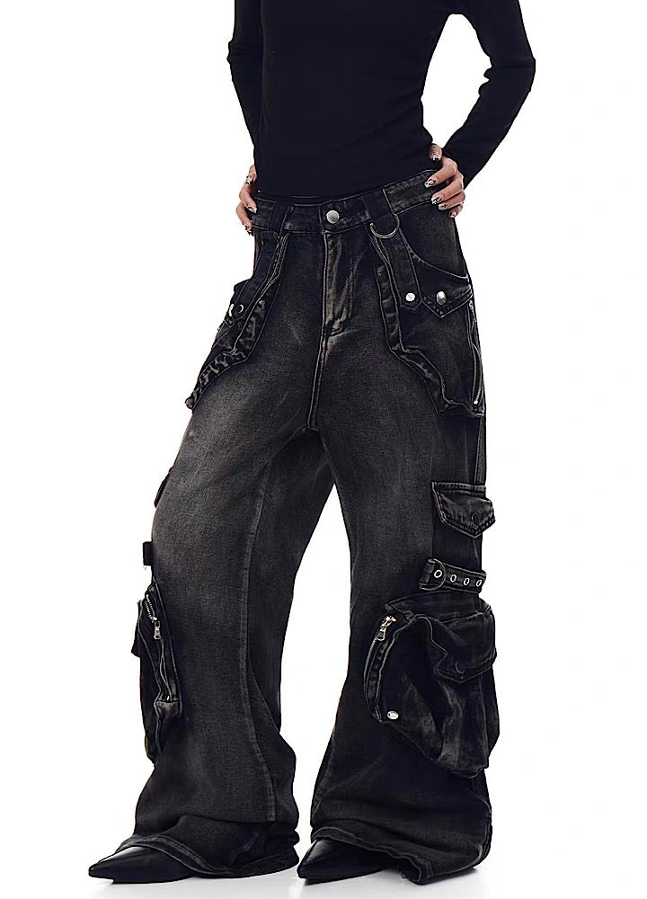 【Blacklists】Multi-pocket design dart wide silhouette denim cargo pants  BL0065