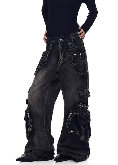 【Blacklists】Multi-pocket design dart wide silhouette denim cargo pants  BL0065