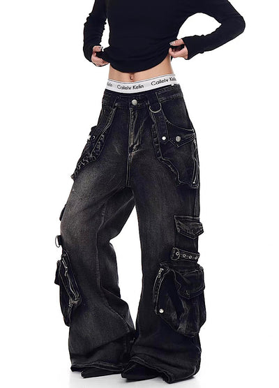 【Blacklists】Multi-pocket design dart wide silhouette denim cargo pants  BL0065