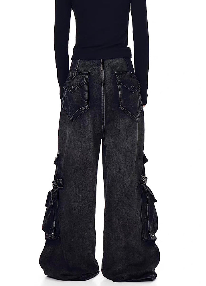 【Blacklists】Multi-pocket design dart wide silhouette denim cargo pants  BL0065