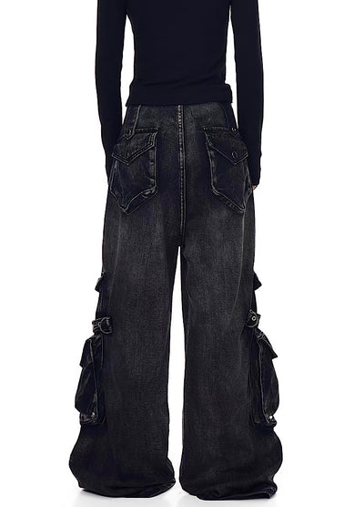 【Blacklists】Multi-pocket design dart wide silhouette denim cargo pants  BL0065