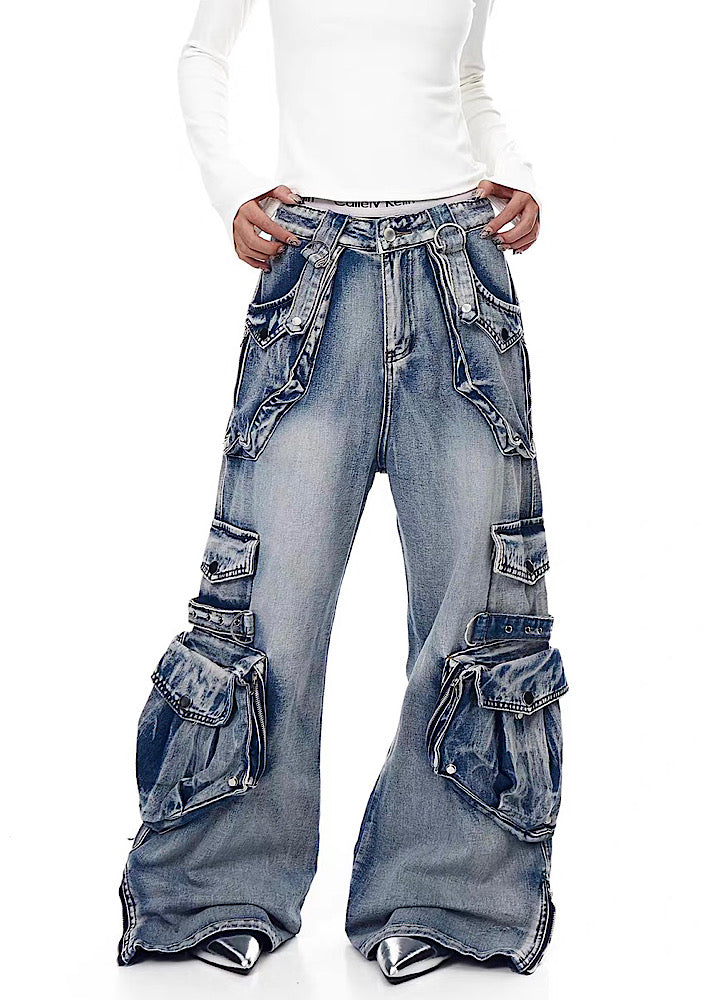 【Blacklists】Multi-pocket design dart wide silhouette denim cargo pants  BL0065