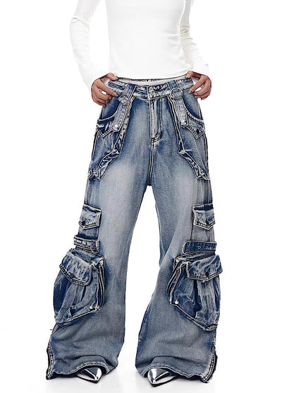 【Blacklists】Multi-pocket design dart wide silhouette denim cargo pants  BL0065