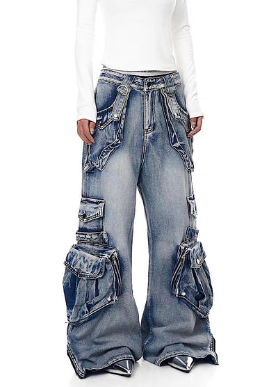 【Blacklists】Multi-pocket design dart wide silhouette denim cargo pants  BL0065