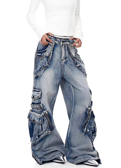 【Blacklists】Multi-pocket design dart wide silhouette denim cargo pants  BL0065