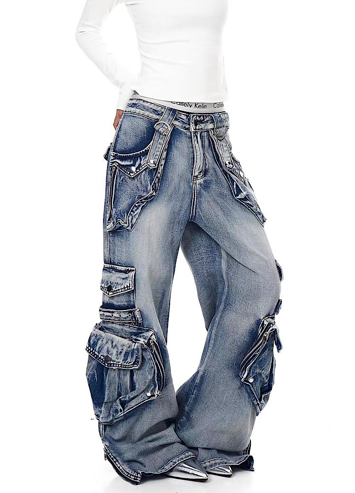 【Blacklists】Multi-pocket design dart wide silhouette denim cargo pants  BL0065