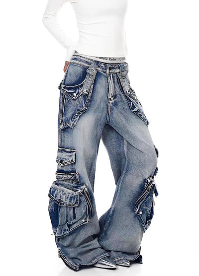 【Blacklists】Multi-pocket design dart wide silhouette denim cargo pants  BL0065