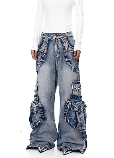 【Blacklists】Multi-pocket design dart wide silhouette denim cargo pants  BL0065