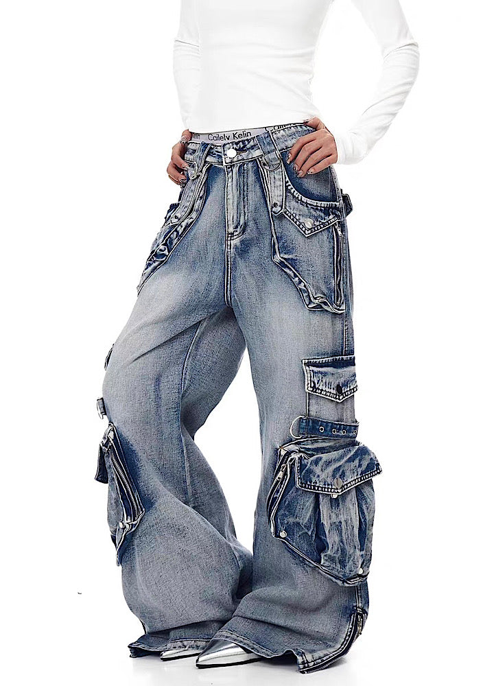 【Blacklists】Multi-pocket design dart wide silhouette denim cargo pants  BL0065