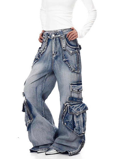【Blacklists】Multi-pocket design dart wide silhouette denim cargo pants  BL0065