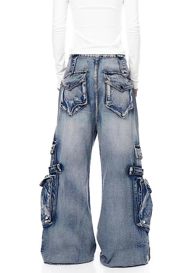 【Blacklists】Multi-pocket design dart wide silhouette denim cargo pants  BL0065