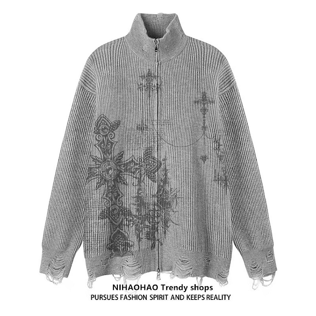 【NIHAOHAO】Full-zip high-neck design Y2K-style illustration distressed knit  NH0222