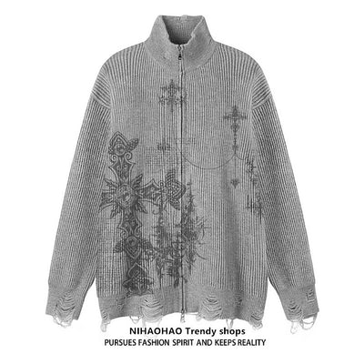 【NIHAOHAO】Full-zip high-neck design Y2K-style illustration distressed knit  NH0222