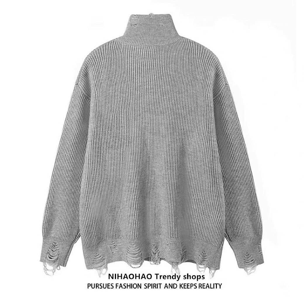 【NIHAOHAO】Full-zip high-neck design Y2K-style illustration distressed knit  NH0222