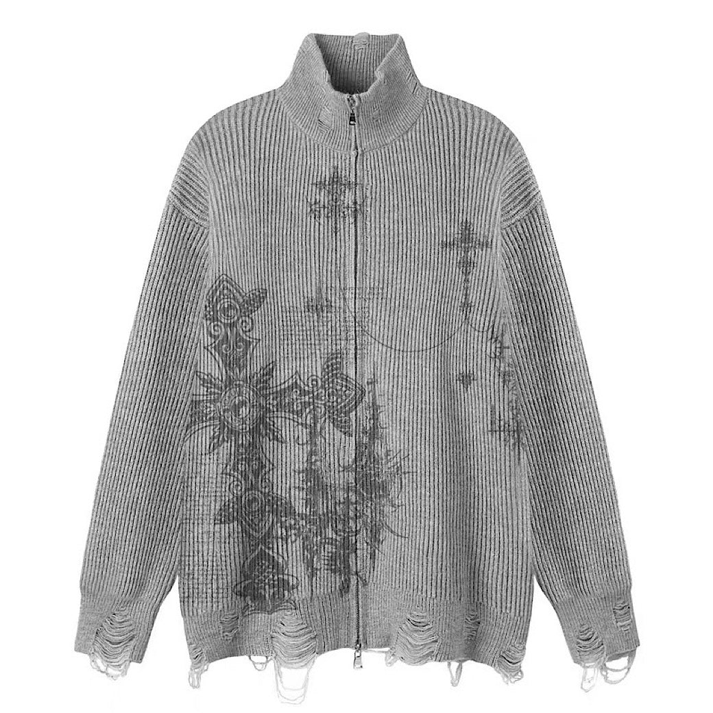 【NIHAOHAO】Full-zip high-neck design Y2K-style illustration distressed knit  NH0222
