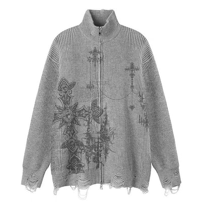 【NIHAOHAO】Full-zip high-neck design Y2K-style illustration distressed knit  NH0222