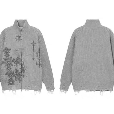 【NIHAOHAO】Full-zip high-neck design Y2K-style illustration distressed knit  NH0222