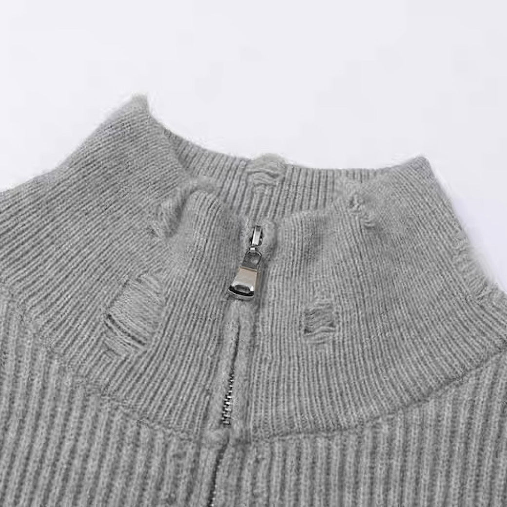 【NIHAOHAO】Full-zip high-neck design Y2K-style illustration distressed knit  NH0222