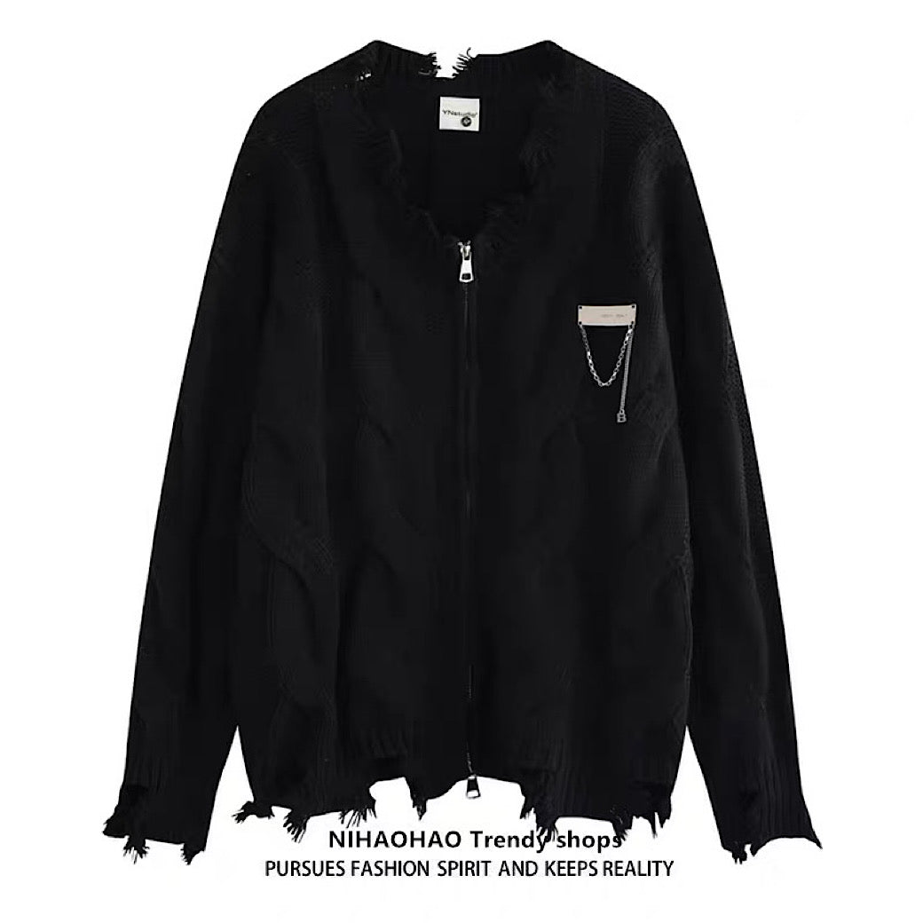 【NIHAOHAO】Simple chain design full-zip distressed cardigan  NH0223