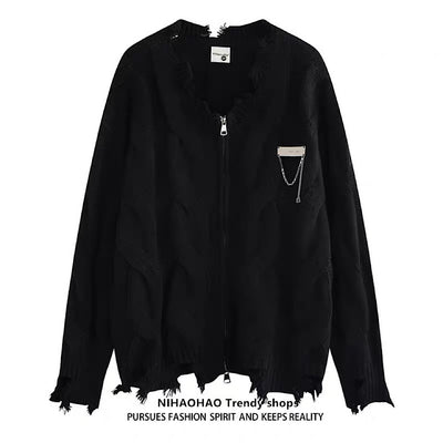 【NIHAOHAO】Simple chain design full-zip distressed cardigan  NH0223