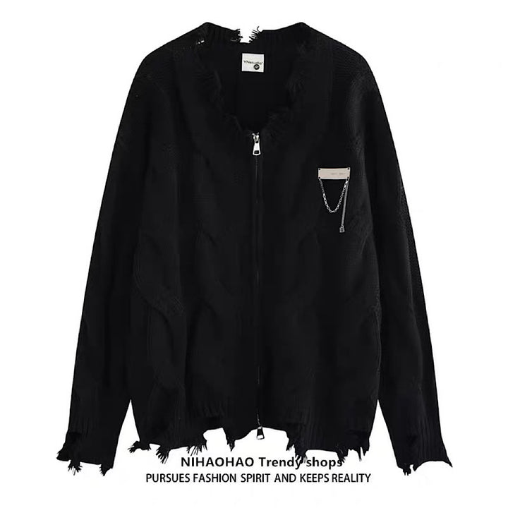 NIHAOHAO】Simple chain design full-zip distressed cardigan NH0223