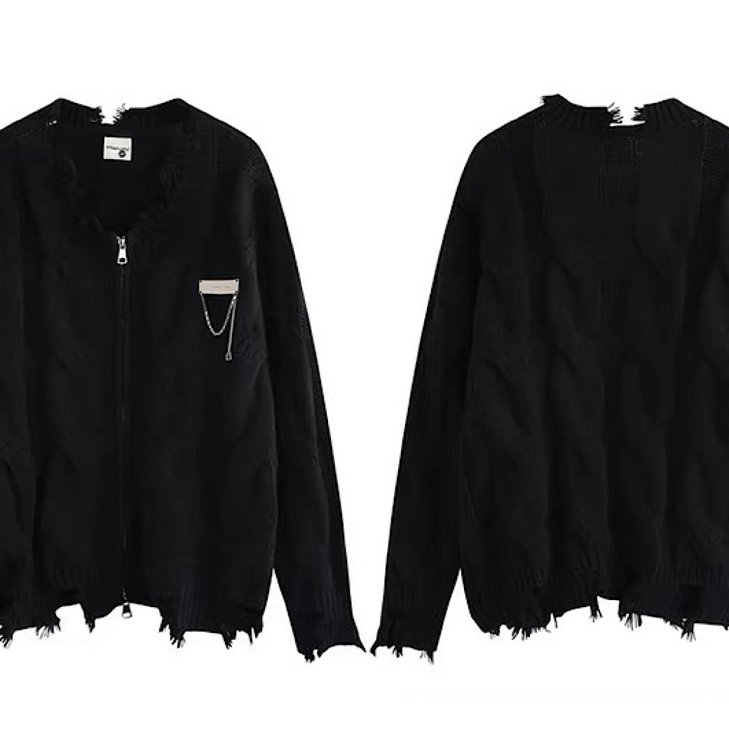 【NIHAOHAO】Simple chain design full-zip distressed cardigan  NH0223