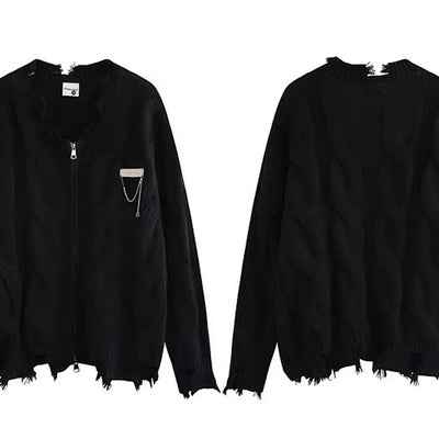 【NIHAOHAO】Simple chain design full-zip distressed cardigan  NH0223