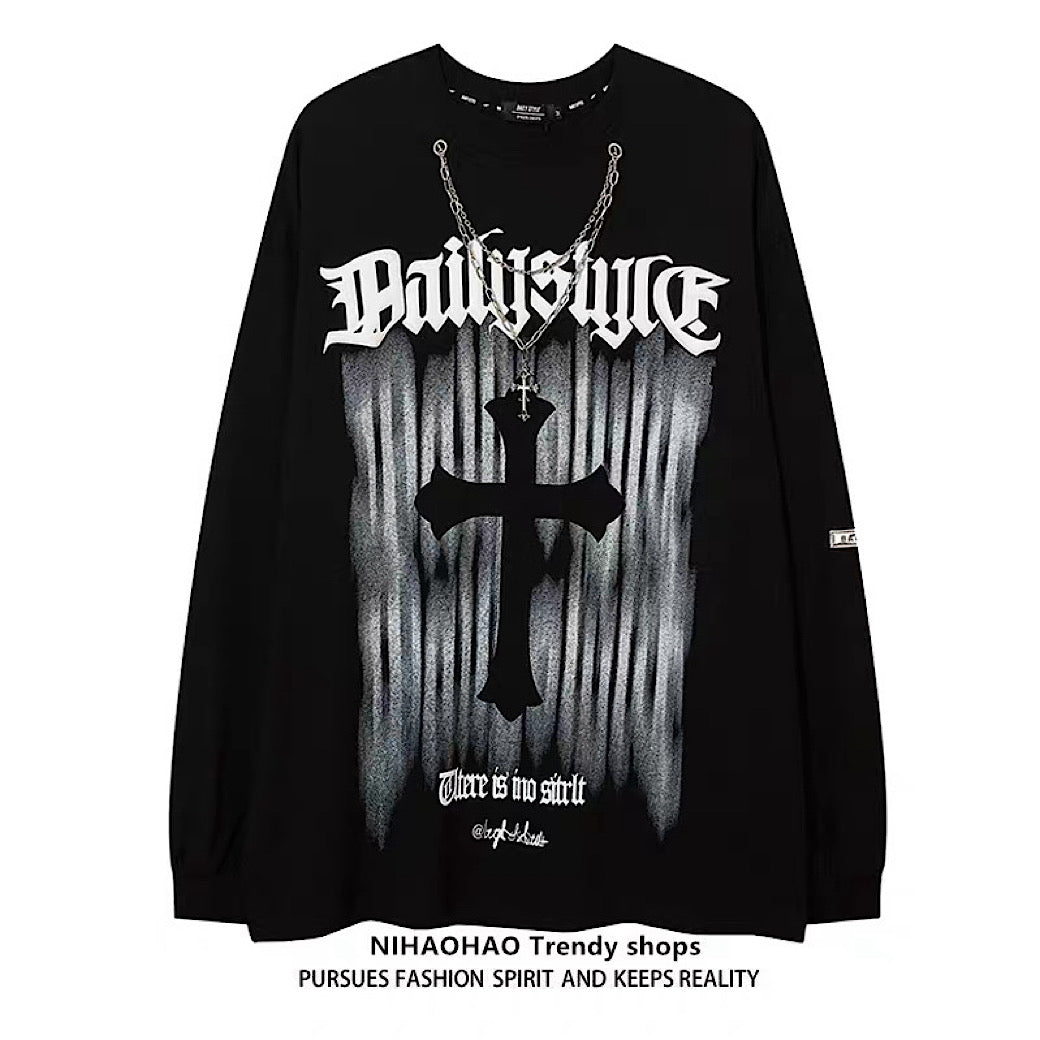 【NIHAOHAO】Front subculture cross dark design oversized silhouette long sleeve T-shirt  NH0224