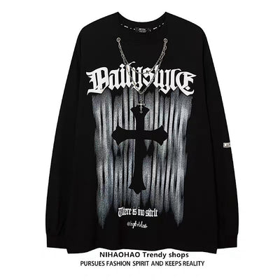 【NIHAOHAO】Front subculture cross dark design oversized silhouette long sleeve T-shirt  NH0224
