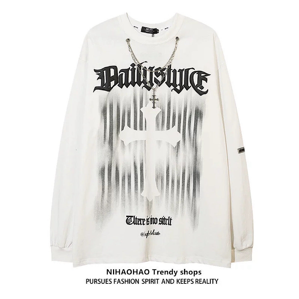 【NIHAOHAO】Front subculture cross dark design oversized silhouette long sleeve T-shirt  NH0224