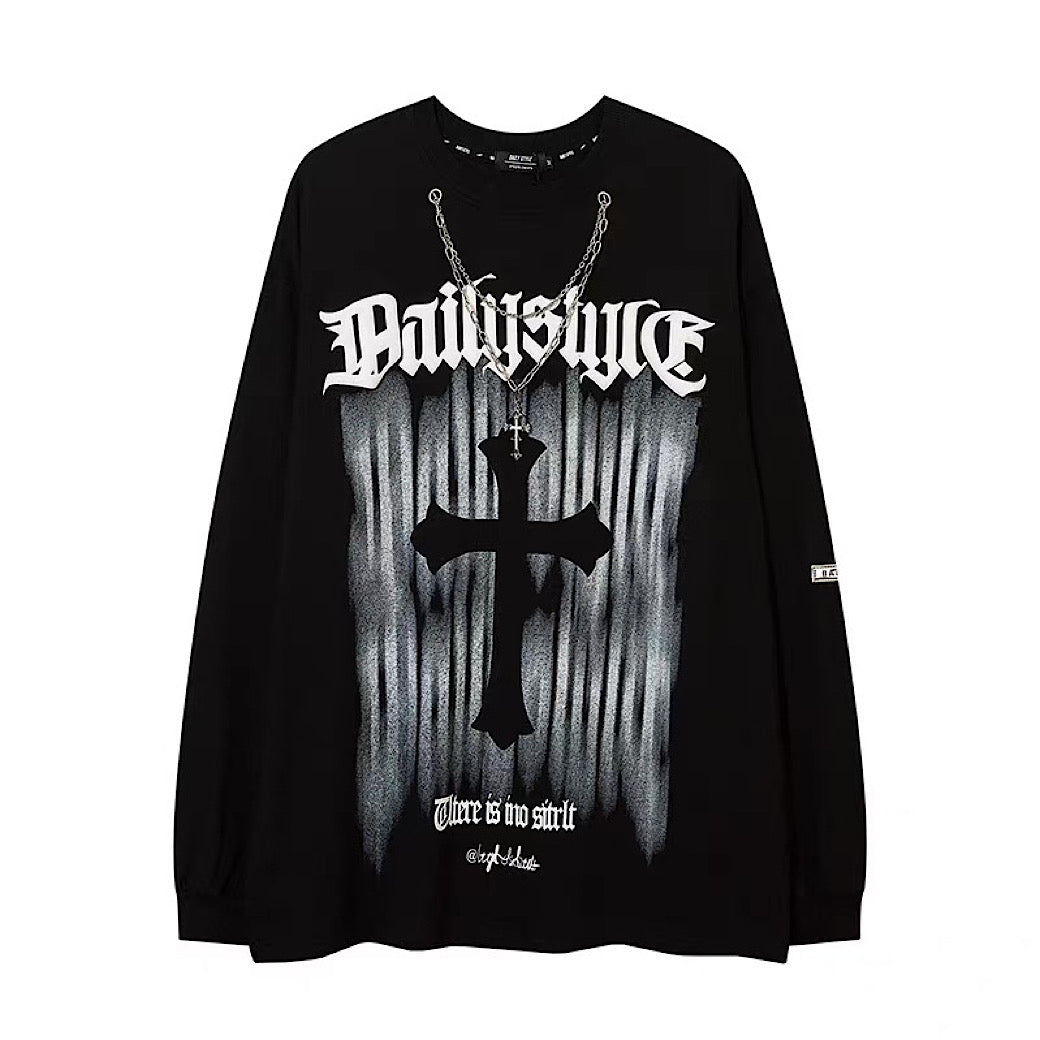 【NIHAOHAO】Front subculture cross dark design oversized silhouette long sleeve T-shirt  NH0224