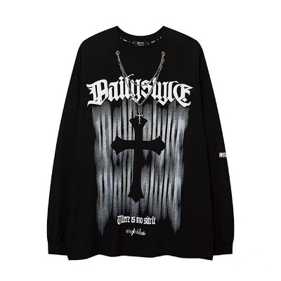 【NIHAOHAO】Front subculture cross dark design oversized silhouette long sleeve T-shirt  NH0224
