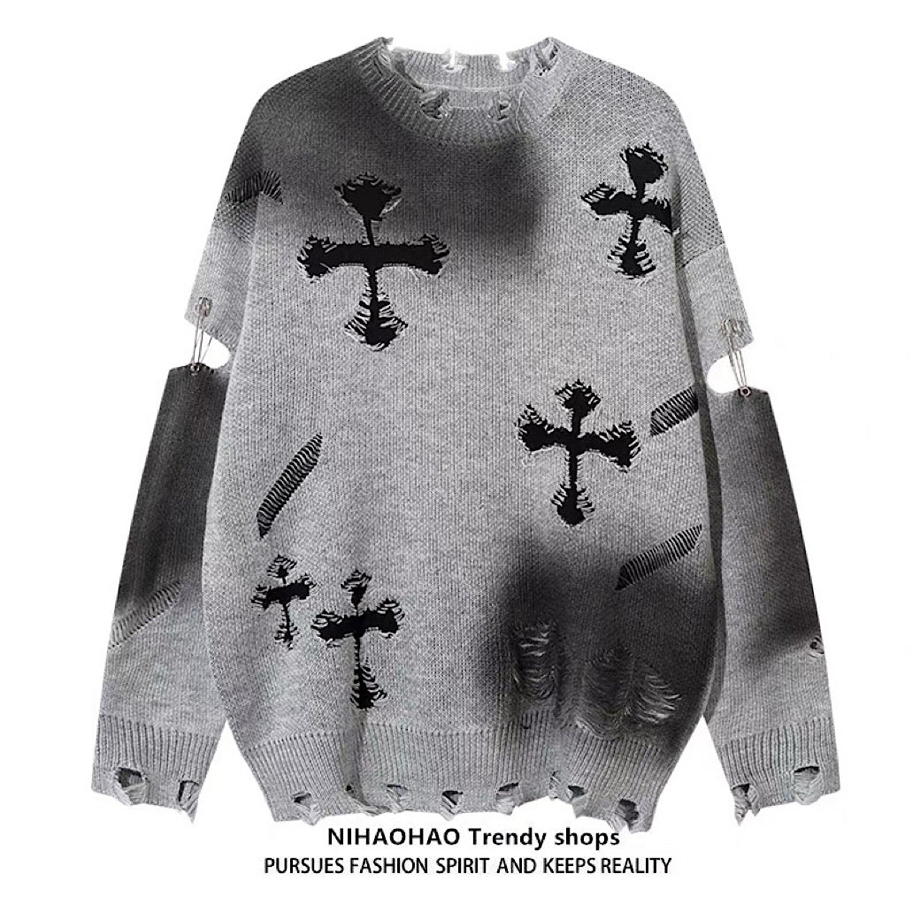 【NIHAOHAO】Random wash and cross design fully distressed knit sweater  NH0225