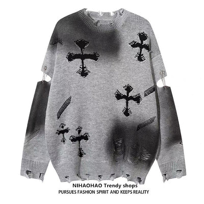 【NIHAOHAO】Random wash and cross design fully distressed knit sweater  NH0225