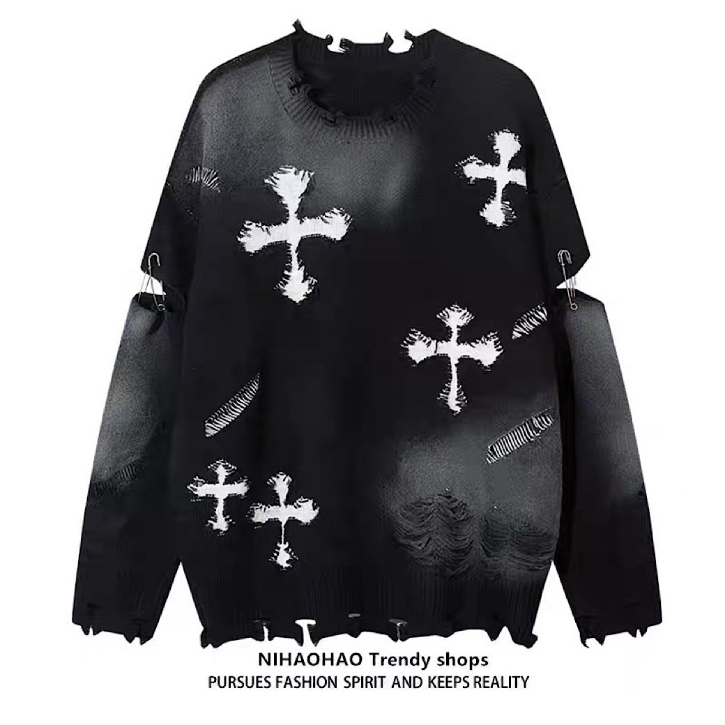 【NIHAOHAO】Random wash and cross design fully distressed knit sweater  NH0225