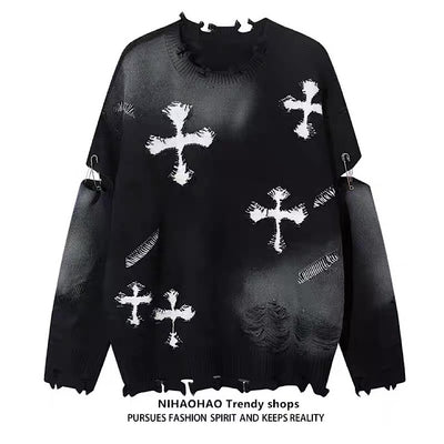 【NIHAOHAO】Random wash and cross design fully distressed knit sweater  NH0225